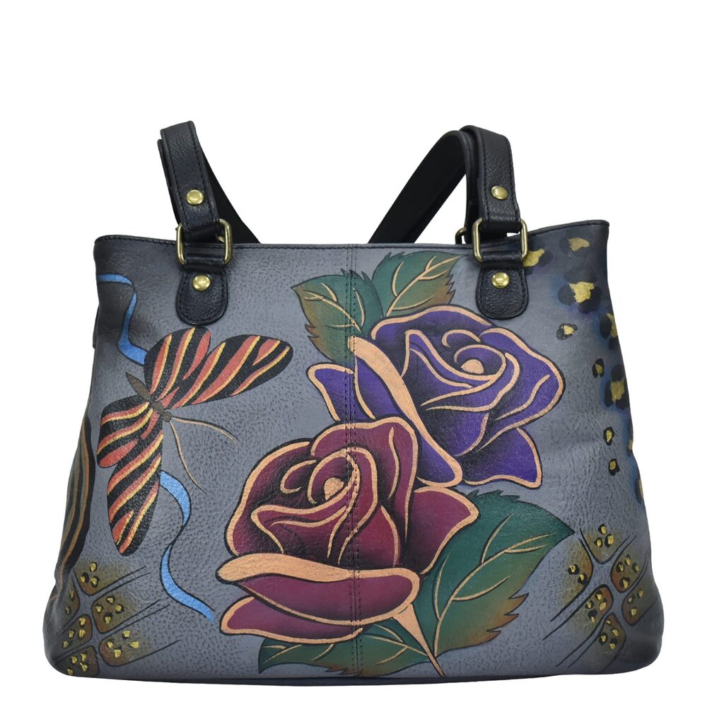 3390 Hand Painted Leather Shoulder Satchel - Rose Safari Grey, Rose Safari